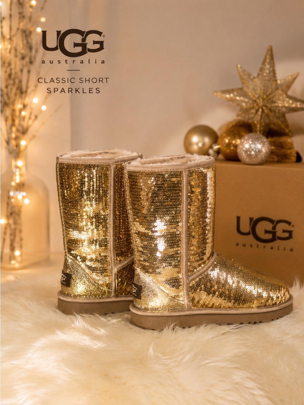 UGG Australia Classic Short Sparkles Silver Sequin Boots Women's 7